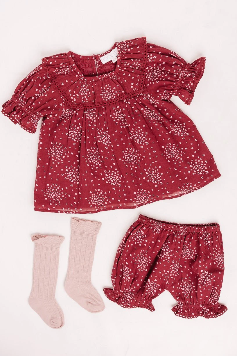 Baby Gracie Dress Set In Wine Floral - FINAL SALE 2 Baby Gracie Dress Set In Wine Floral - FINAL SALE - Image 2