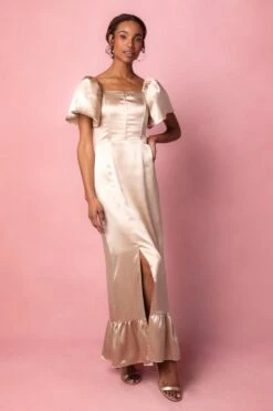 Maddie Dress In Champagne Satin -Fashion Clothing Store MaddieChampagne1 507728