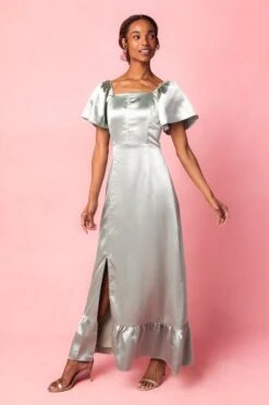 Maddie Dress In Sage Satin -Fashion Clothing Store MaddieSage5 177121