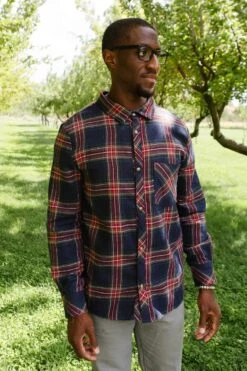 Madeline Men's Shirt In Navy Plaid - FINAL SALE -Fashion Clothing Store MadelineNavyPlaid1 847038