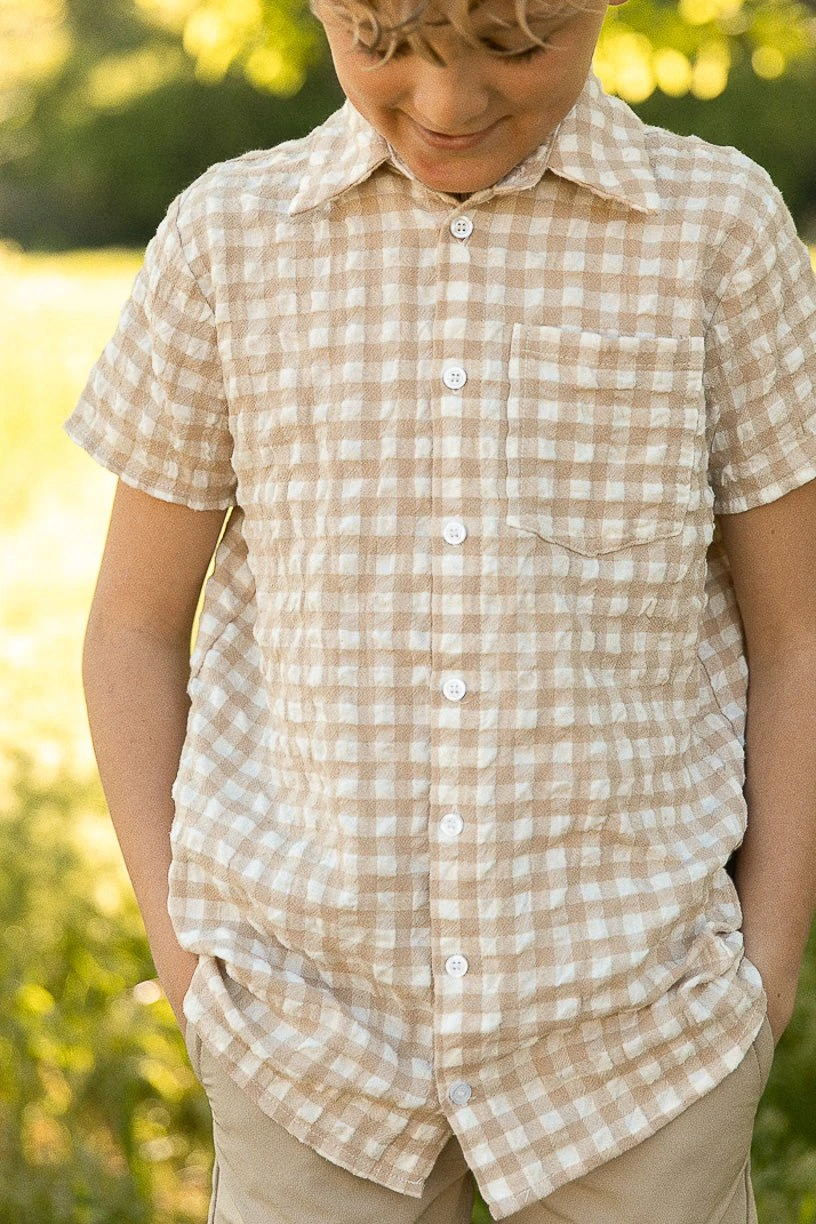 Madeline Boys Shirt In Tan Gingham - FINAL SALE 3 Madeline Boys Shirt In Tan Gingham - FINAL SALE - Image 3