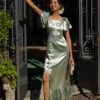 Maddie Dress In Sage Satin